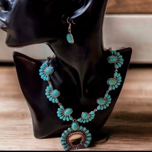 Turquoise Squash Blossom, Chain Necklace Set, Oval Blossoms, Western, Southwest,